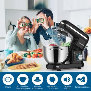VOSPEED Keukenmixer 1500W 6 Snelheden 6.2L Kom Zwart — miniatuur 7