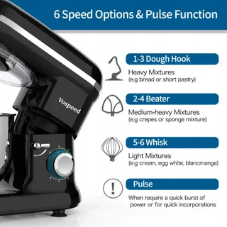 VOSPEED Keukenmixer 1500W 6 Snelheden 6.2L Kom Zwart — miniatuur 5