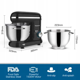 VOSPEED Keukenmixer 1500W 6 Snelheden 6.2L Kom Zwart — miniatuur 1