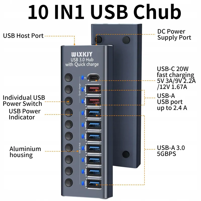 WLXKJY USB Hub Actief 72W 10 Poorten Aluminium Snelladen — foto 4