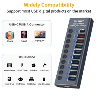 WLXKJY USB Hub Actief 72W 10 Poorten Aluminium Snelladen — miniatuur 3