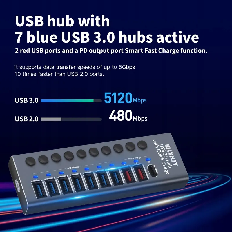WLXKJY USB Hub Actief 72W 10 Poorten Aluminium Snelladen — foto 6