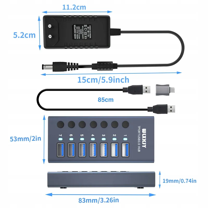 WLXKJY USB 3.0 Hub 7-Poorts Aluminium Snel Data Opladen — foto 6