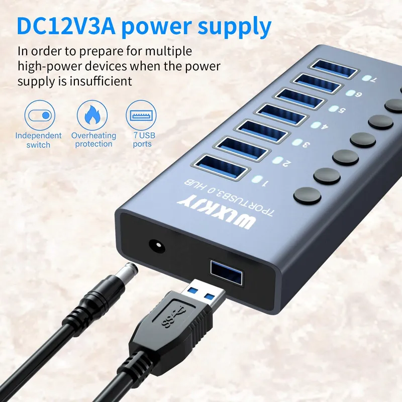WLXKJY USB 3.0 Hub 7-Poorts Aluminium Snel Data Opladen — foto 3