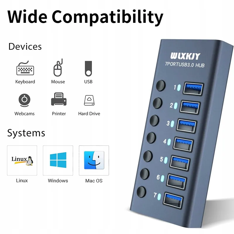WLXKJY USB 3.0 Hub 7-Poorts Aluminium Snel Data Opladen — foto 4