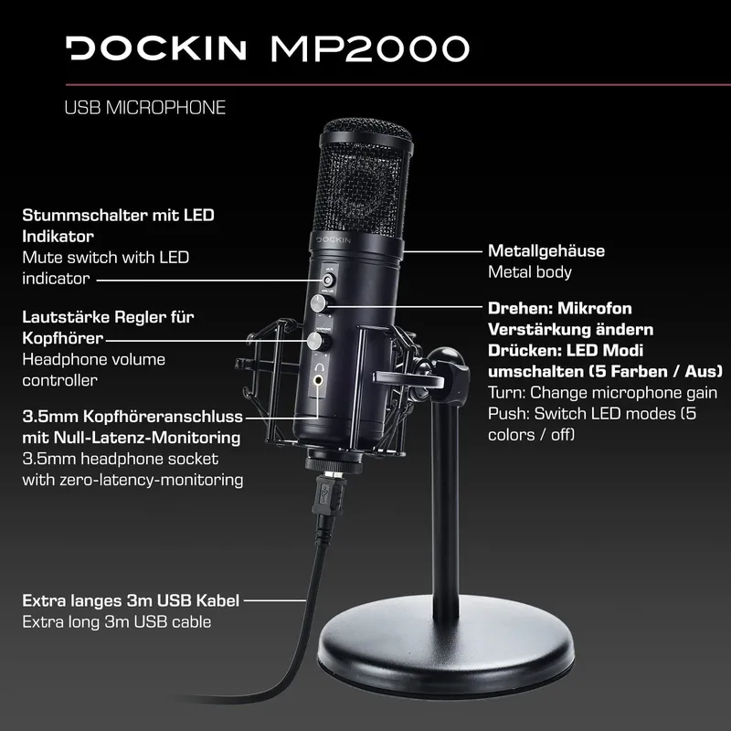 DOCKIN MP2000 USB Microfoon PC Gaming Podcast Streaming — foto 8
