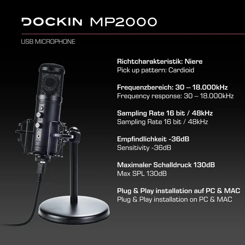 DOCKIN MP2000 USB Microfoon PC Gaming Podcast Streaming — foto 2
