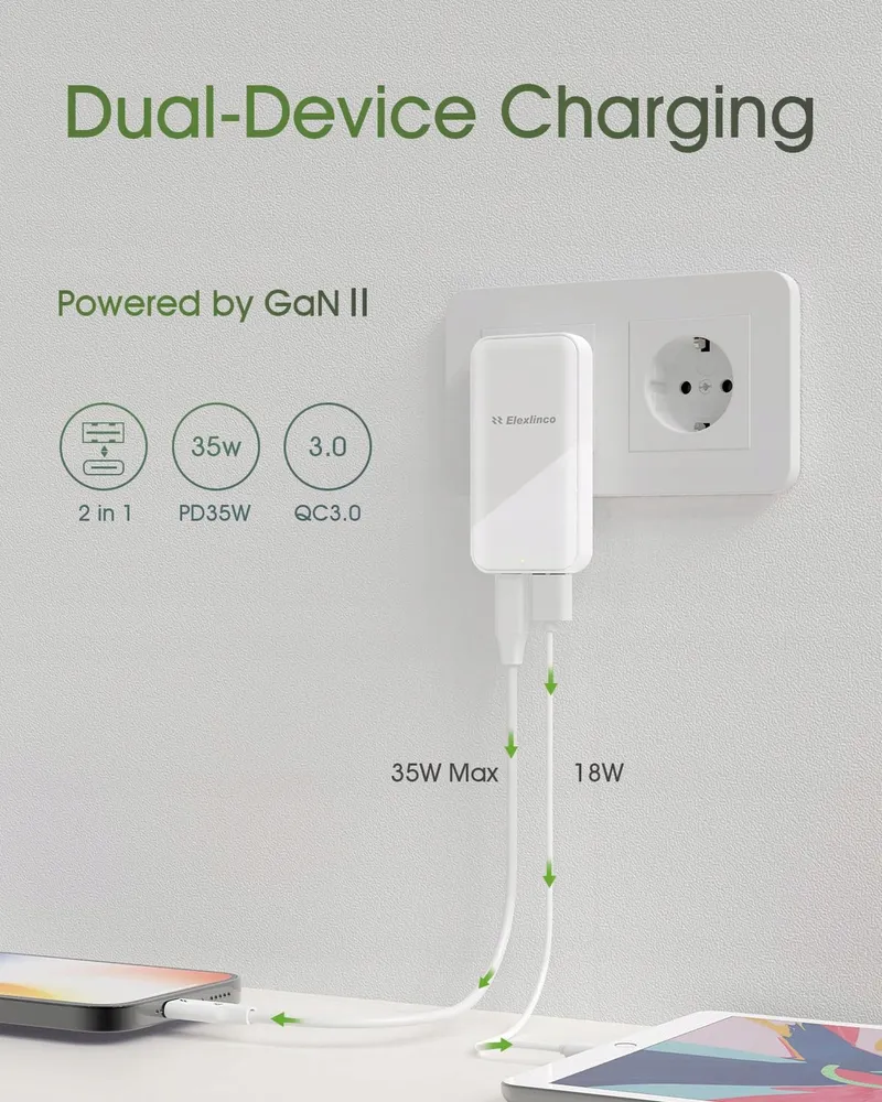 ELEXLINCO USB C Oplader 35W 2-Poorts PD3.0 iPhone Android — foto 2