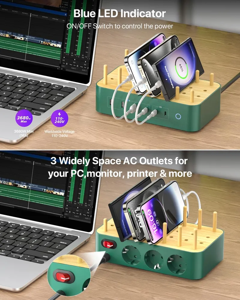VISIONSYNC Bamboe Oplaadstation USB-C 60W 6 Poorten Groen — foto 5