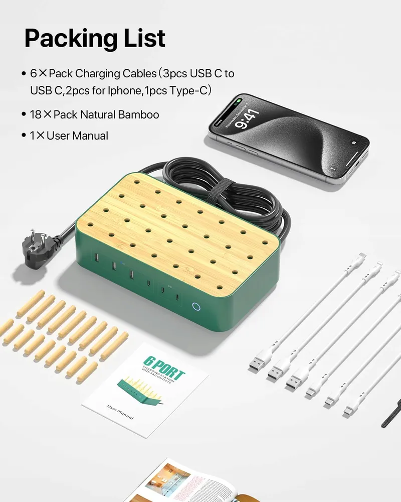 VISIONSYNC Bamboe Oplaadstation USB-C 60W 6 Poorten Groen — foto 9