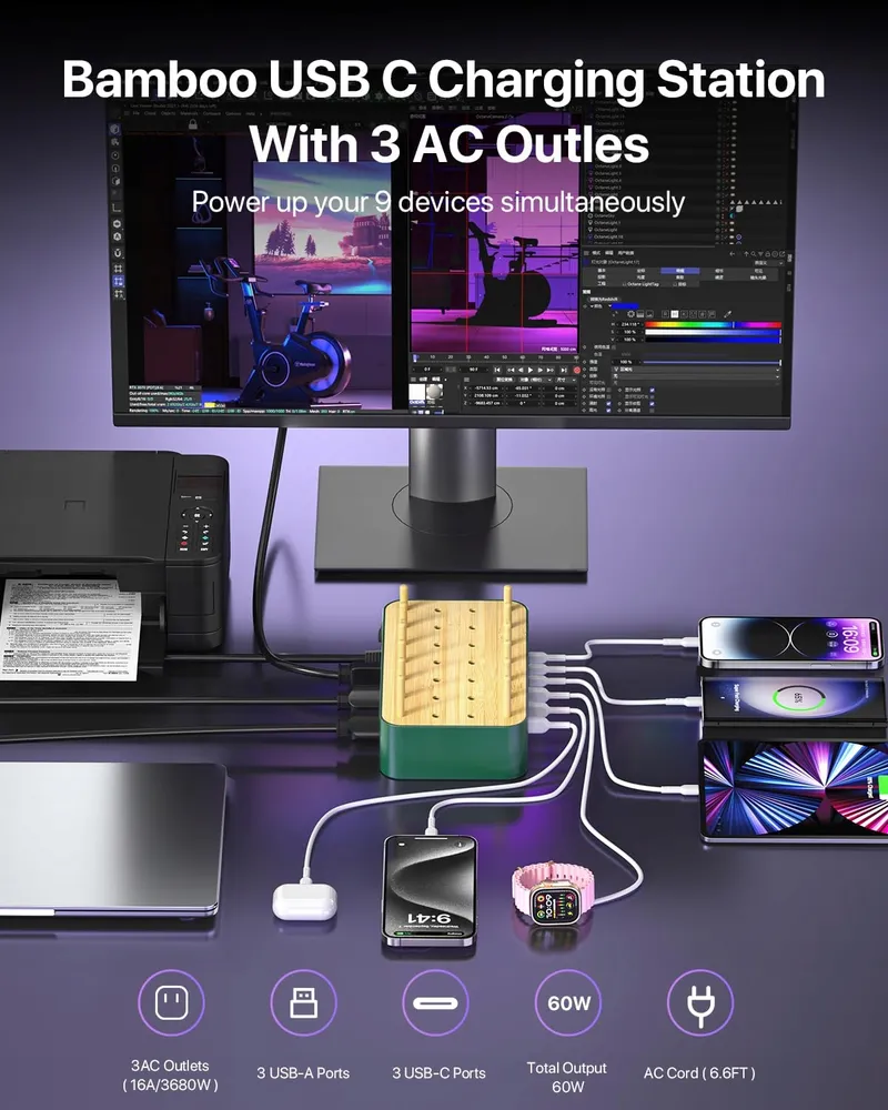 VISIONSYNC Bamboe Oplaadstation USB-C 60W 6 Poorten Groen — foto 2