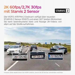 VIOFO A119 Mini 2 Dashcam 2K 60fps HDR GPS WiFi STARVIS 2 — miniatuur 2