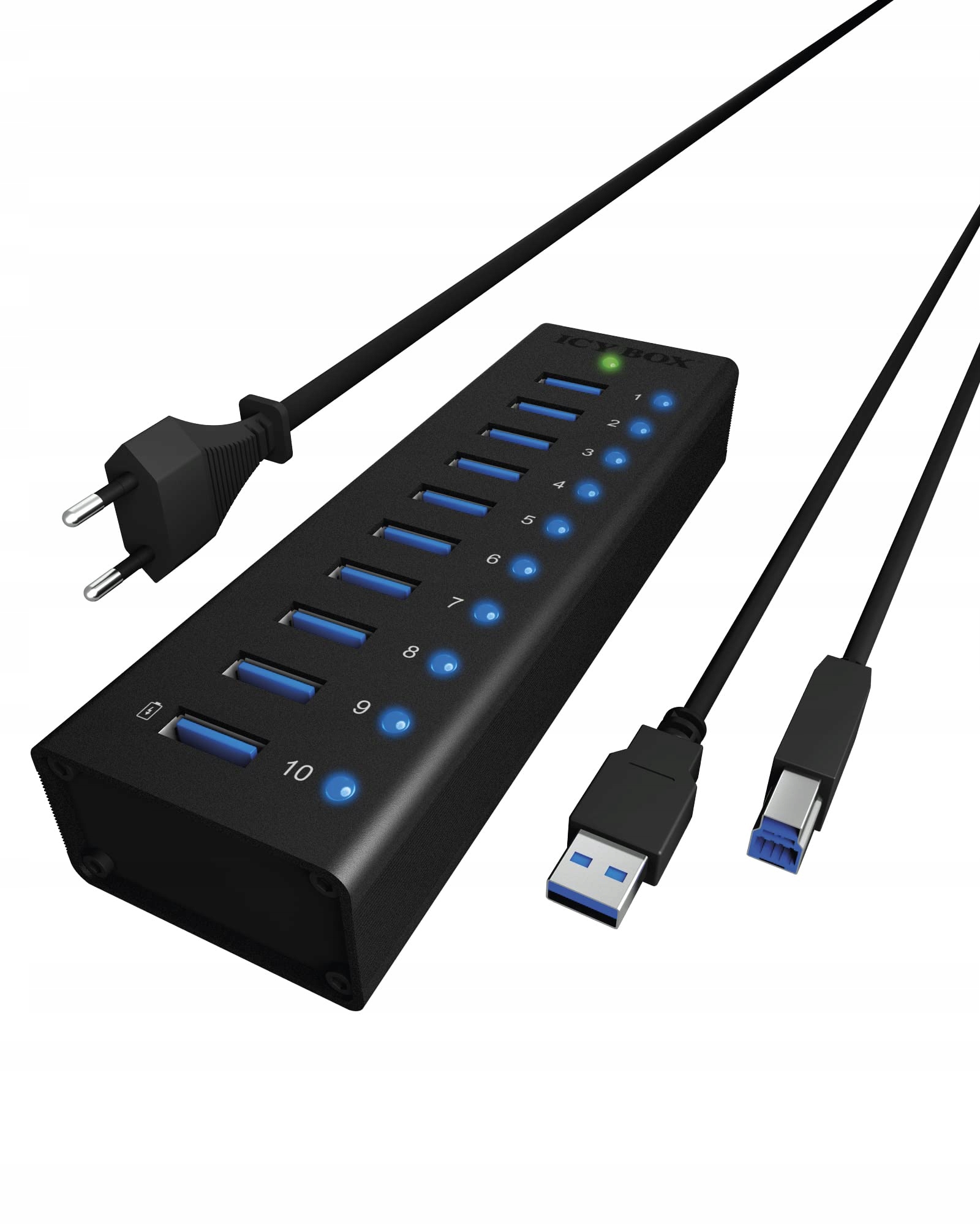 ICY BOX USB 3.0 Hub 10-poorts Voeding 12V 4A Aluminium Zwart