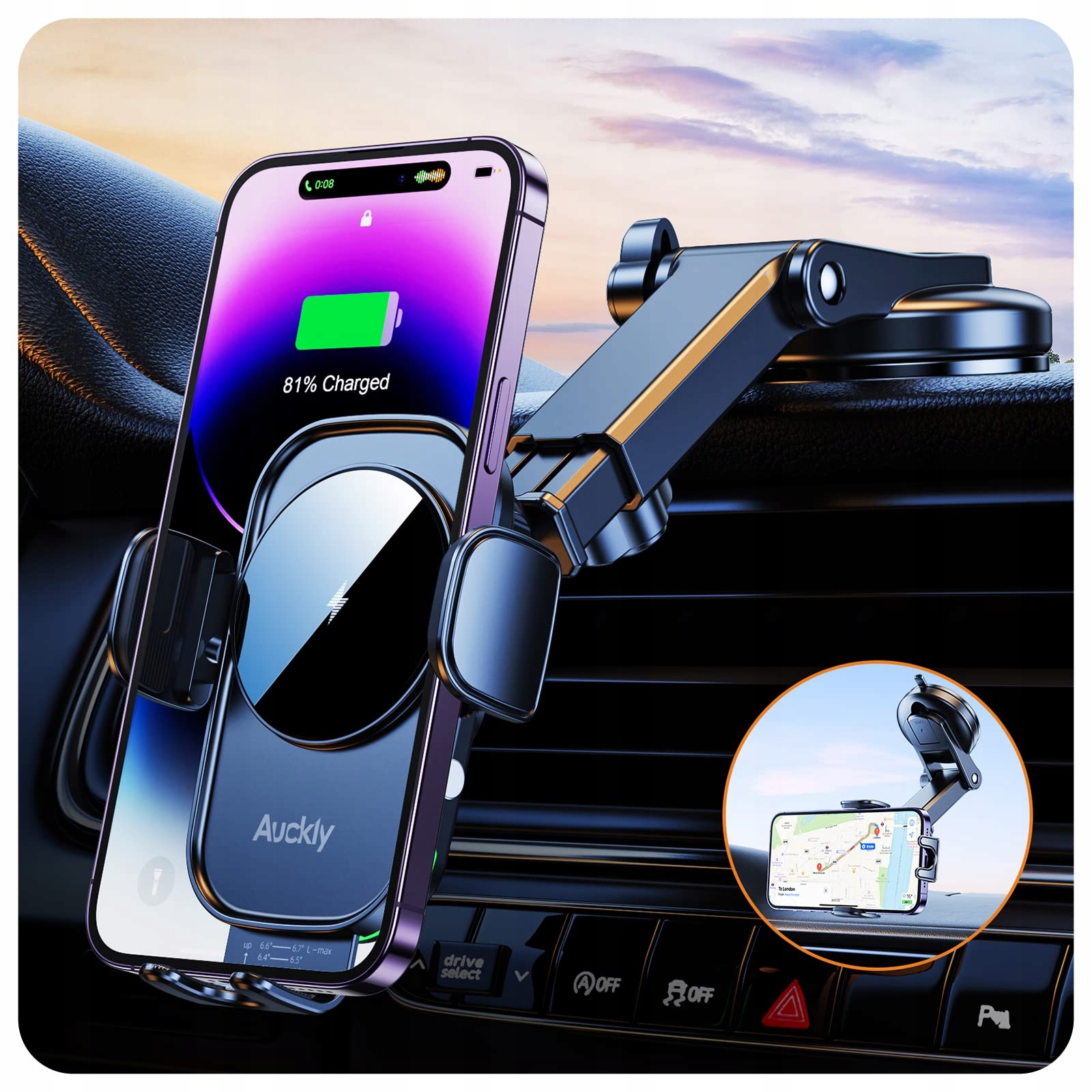 AUCKLY Autohouder met Qi Oplader 15W Draadloos voor iPhone