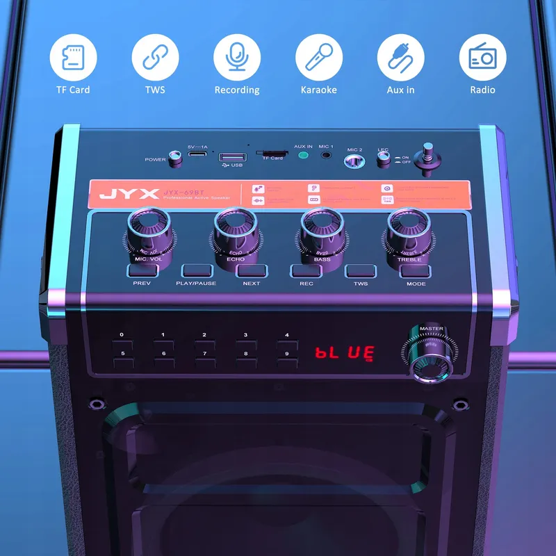 JYX Karaoke Set Bluetooth Speaker LED Draadloze Microfoons PA-Systeem — foto 3