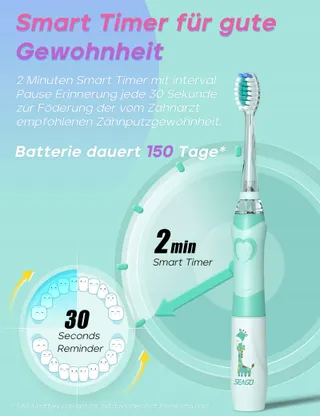 SEAGO SG977 Kindertandenborstel 4 Opzetstukken LED 4 Standen Groen — miniatuur 4