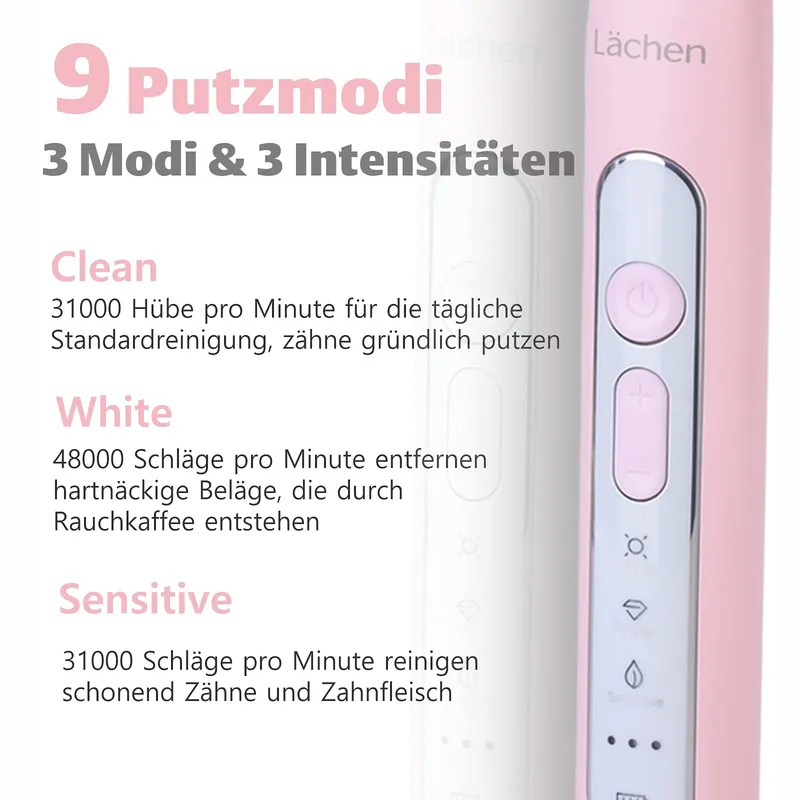 LÄCHEN Sonische Tandenborstel 4 Opzetstukken Timer 3 Standen Roze — foto 3