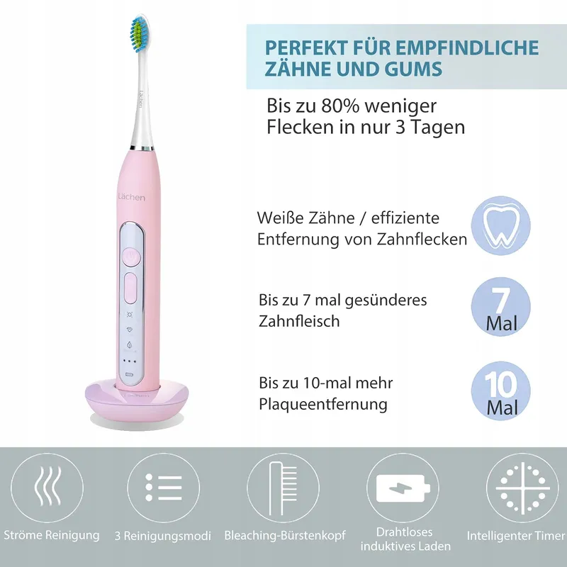 LÄCHEN Sonische Tandenborstel 4 Opzetstukken Timer 3 Standen Roze — foto 4