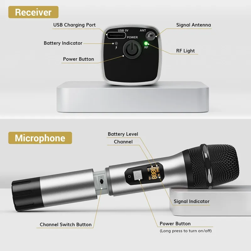 TONOR Draadloze UHF Microfoon Karaoke PA 60m Zilver — foto 8