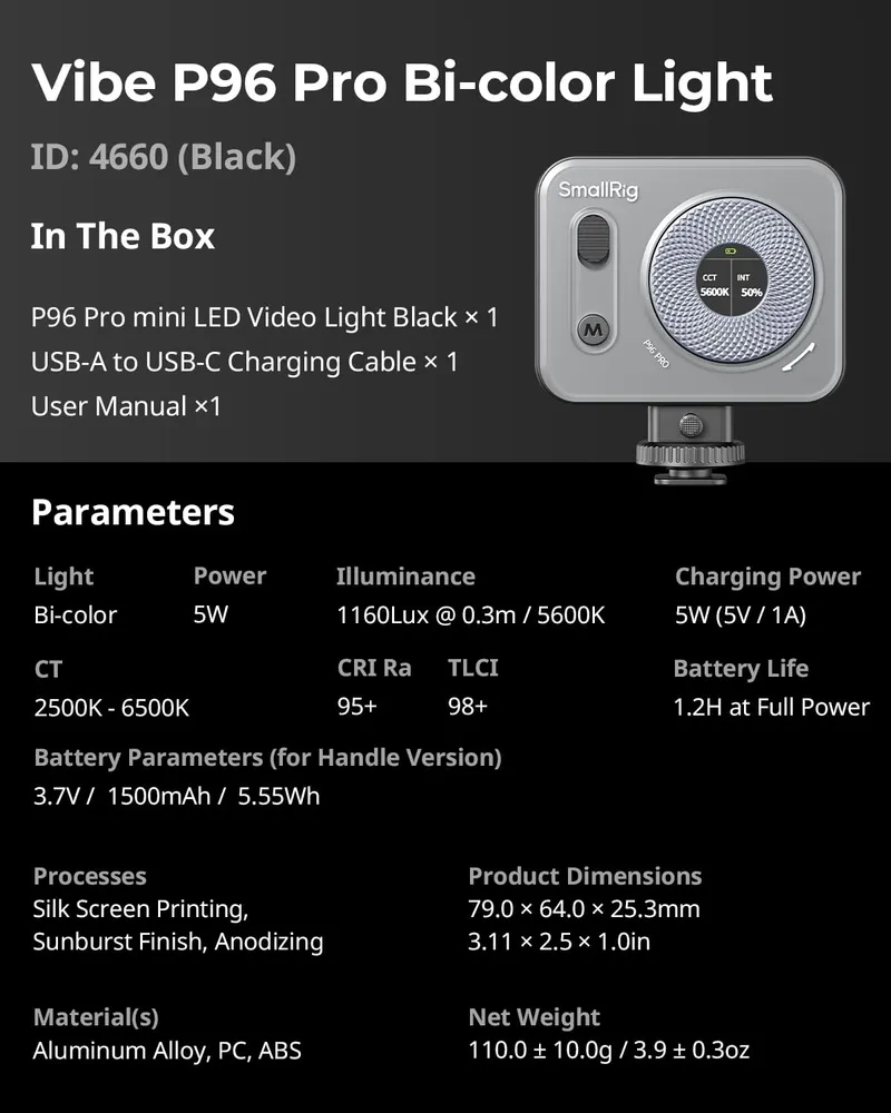 SMALLRIG Vibe P96 Pro LED Videolicht 2500-6500K CRI95+ — foto 9