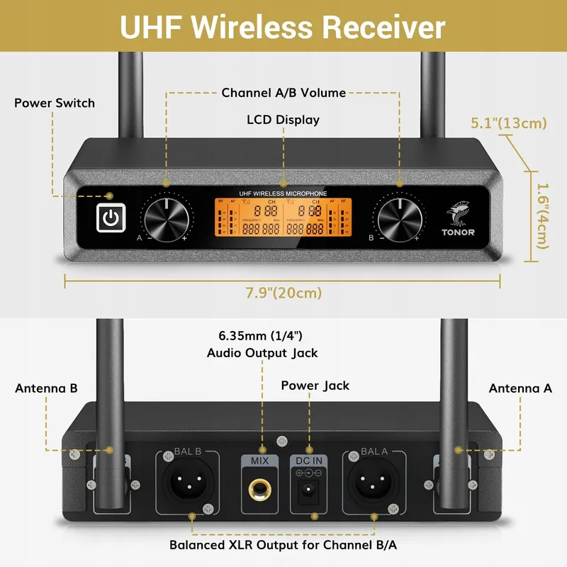 TONOR Draadloze UHF Microfoonset met Bodypack Zender — foto 3