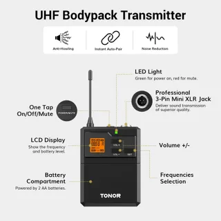 TONOR Draadloze UHF Microfoonset met Bodypack Zender — miniatuur 4