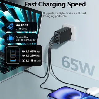 USB C Oplader 65W 3-Poorts 2 USB-C 1 USB-A PPS Snellader — miniatuur 2