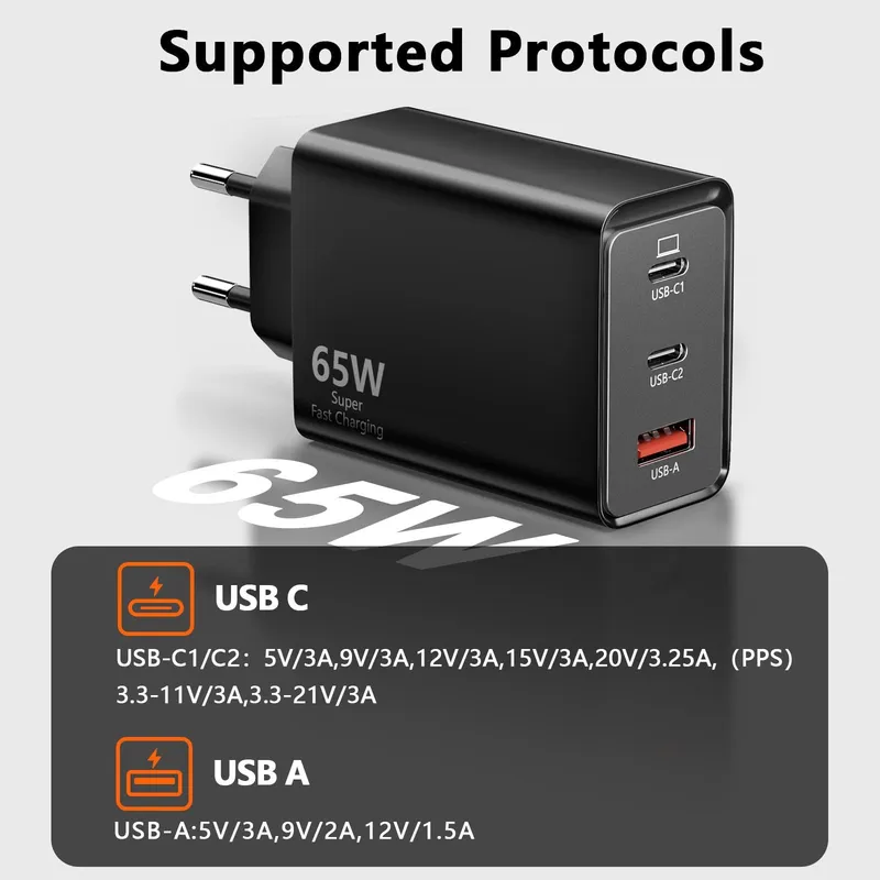 USB C Oplader 65W 3-Poorts 2 USB-C 1 USB-A PPS Snellader — foto 5