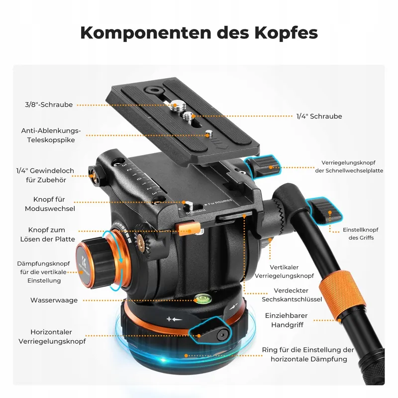 K&F CONCEPT Videostatief 191cm 360° Vloeistofkop DSLR 10kg — foto 4