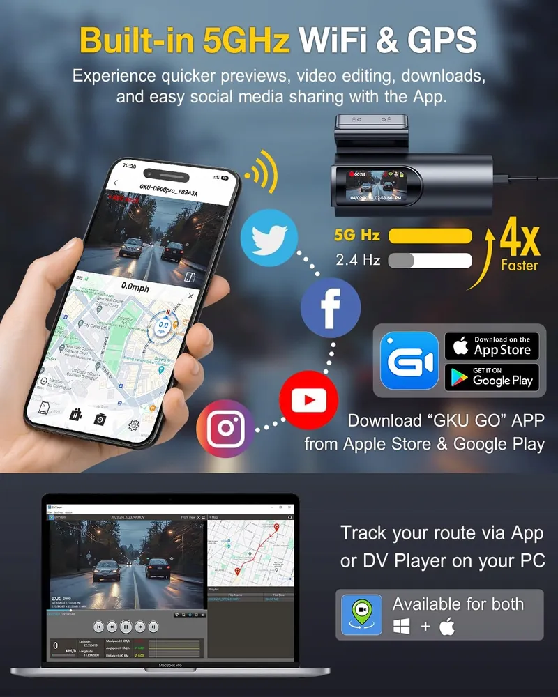 GKU Dashcam 4K Voor Achter WiFi GPS 64GB Nachtzicht — foto 3