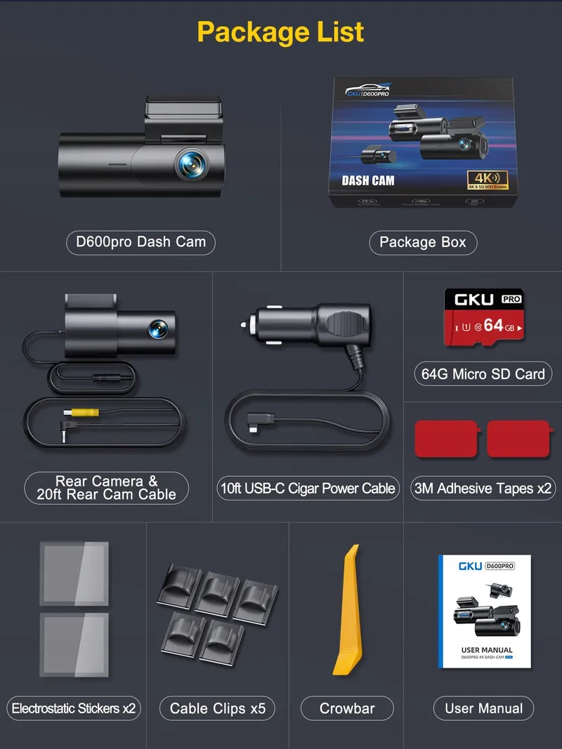 GKU Dashcam 4K Voor Achter WiFi GPS 64GB Nachtzicht — foto 8