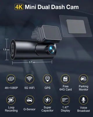 GKU Dashcam 4K Voor Achter WiFi GPS 64GB Nachtzicht