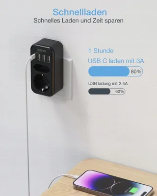 TESSAN Stopcontact Adapter USB C 2-voudig — miniatuur 3