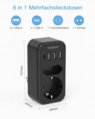 TESSAN Stopcontact Adapter USB C 2-voudig — miniatuur 2
