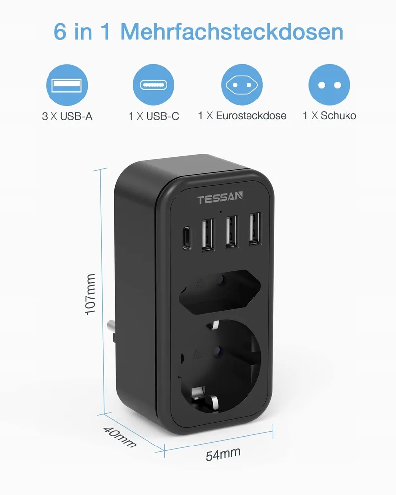 TESSAN Stopcontact Adapter USB C 2-voudig β foto 2