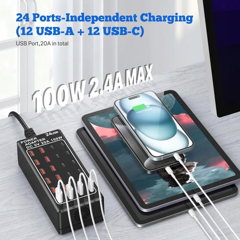 USB C Oplader 24-Poorts 100W iPhone Samsung Google — foto 2
