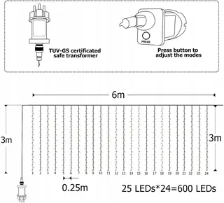 JOYCOME LED Lichtgordijn 6mx3m 600LED Warm Wit — miniatuur 2