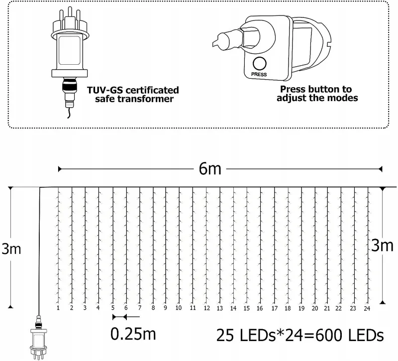 JOYCOME LED Lichtgordijn 6mx3m 600LED Warm Wit — foto 2