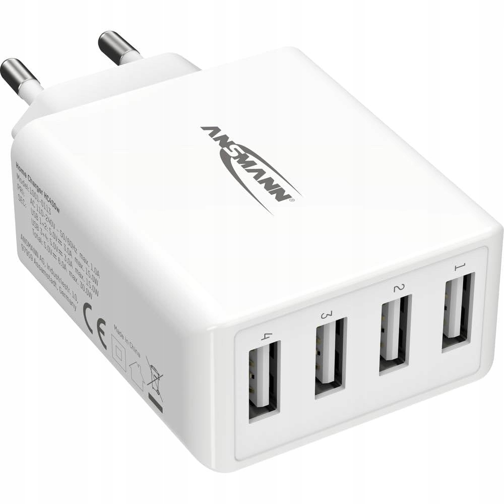 ANSMANN USB Lader 4 Poorten 30W Smartphone Tablet GoPro eBook