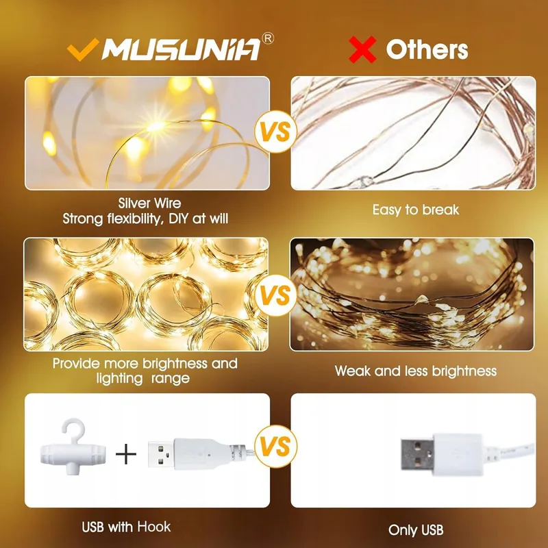 MUSUNIA LED Lichtgordijn USB 2x2M 200LED Slaapkamer Warm Wit — foto 2