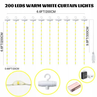 MUSUNIA LED Lichtgordijn USB 2x2M 200LED Slaapkamer Warm Wit — miniatuur 5
