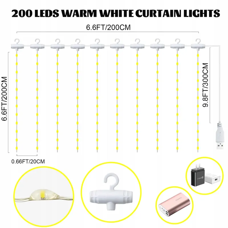 MUSUNIA LED Lichtgordijn USB 2x2M 200LED Slaapkamer Warm Wit — foto 5