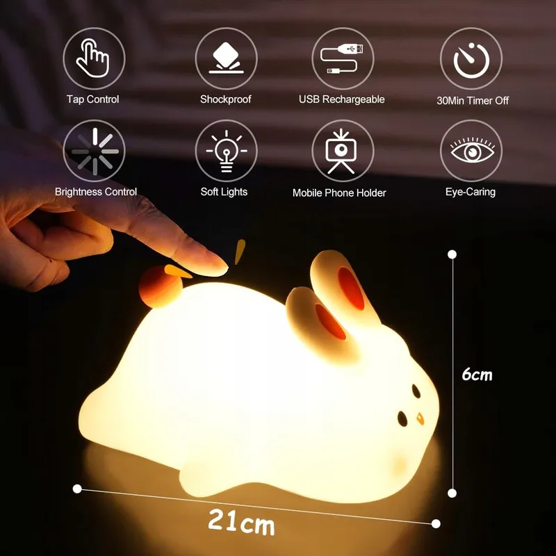 URAQT Siliconen Nachtlampje Konijn LED USB Touch — foto 4
