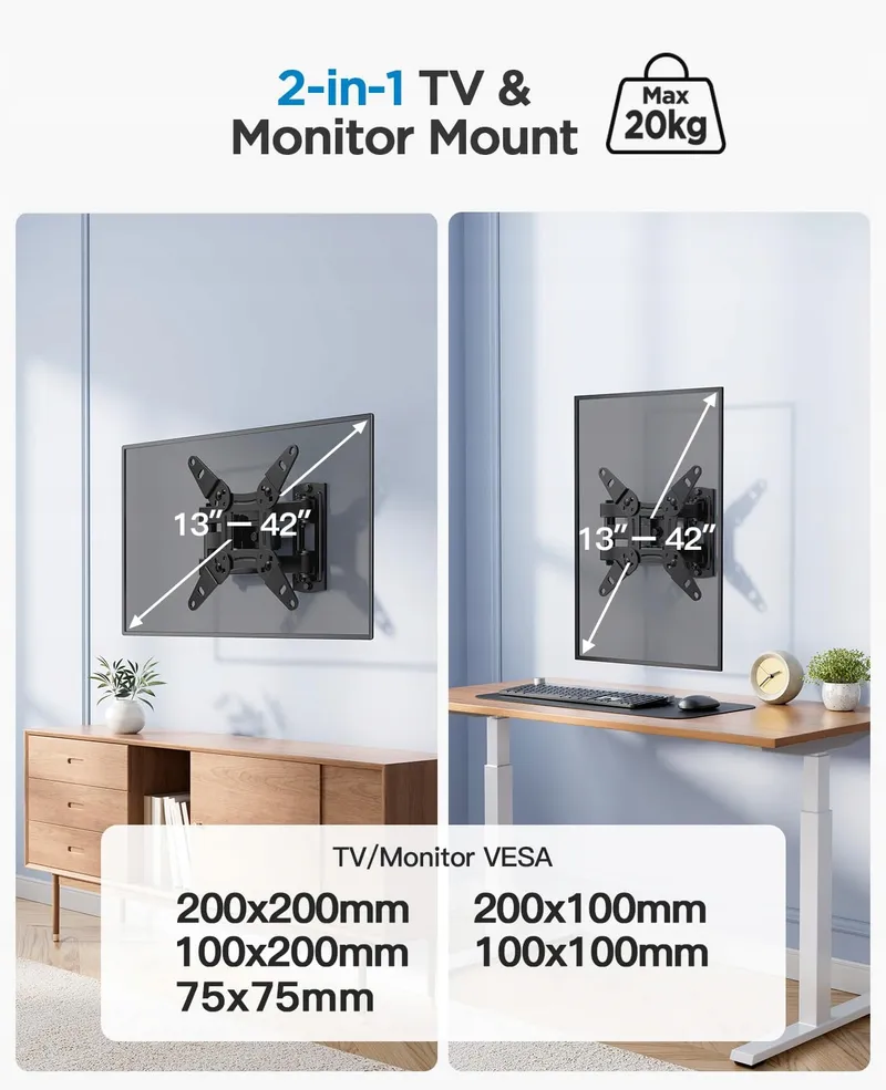 PERLESMITH TV-muurbeugel Kantelbaar Draaibaar 13-42 inch 20kg — foto 3