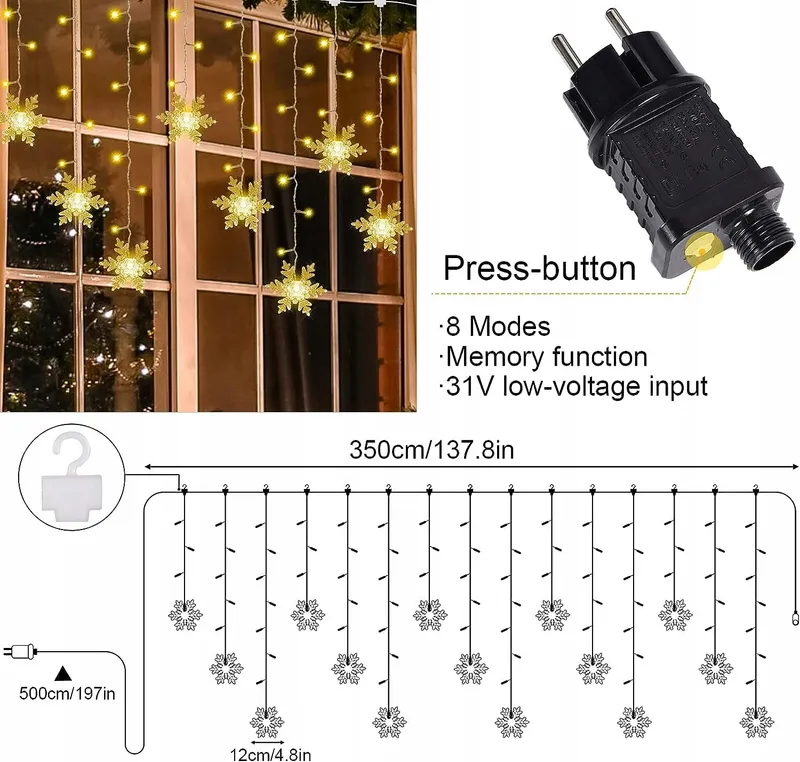 ELEUTH Kerstverlichting Sneeuwvlokken Lichtgordijn 96 LED Decoratie — foto 6