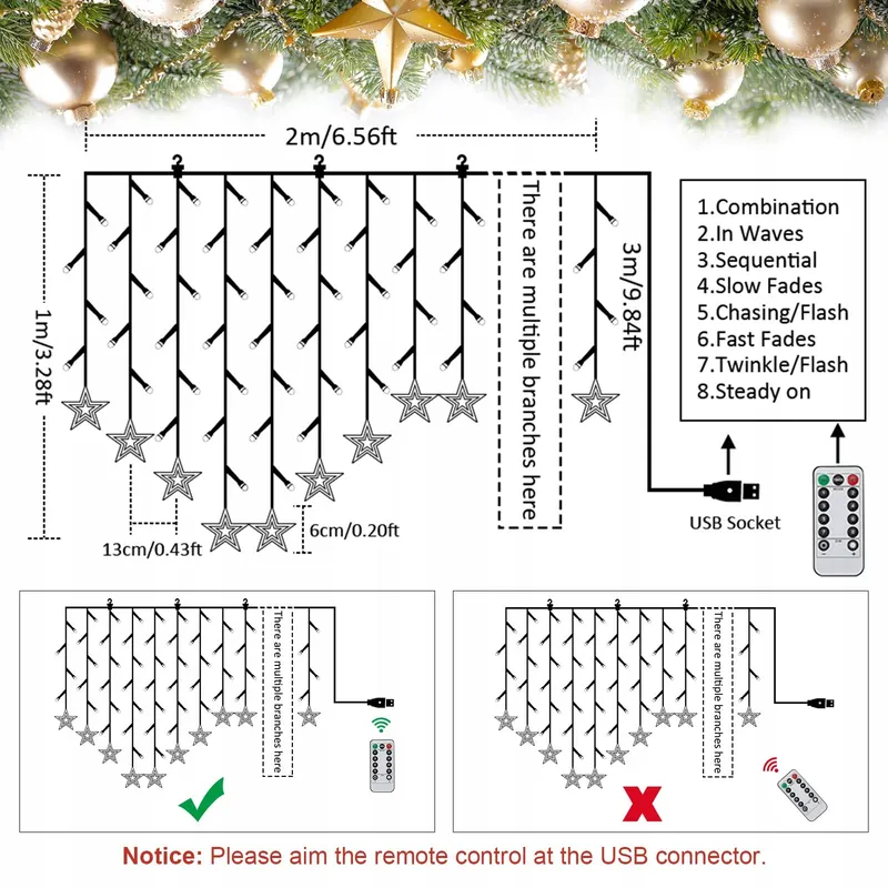 BLOOMWIN Lichtgordijn Sterren Kerst 104 LED USB 8 Modi Binnen — foto 6