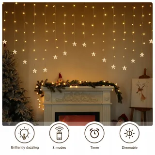 BLOOMWIN Lichtgordijn Sterren Kerst 104 LED USB 8 Modi Binnen — miniatuur 5