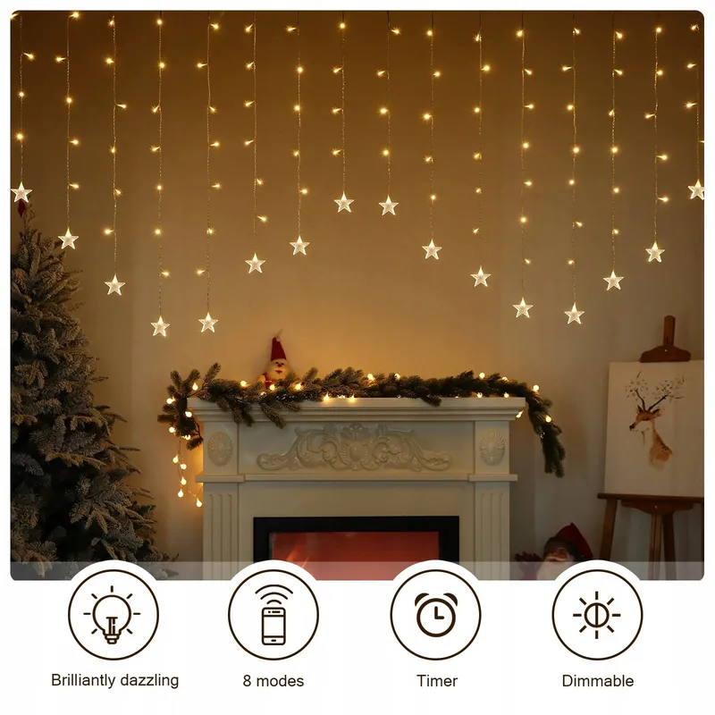 BLOOMWIN Lichtgordijn Sterren Kerst 104 LED USB 8 Modi Binnen — foto 5