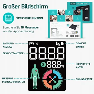 FITAGE Digitale Personenweegschaal 180kg Lichaamsanalyse App LCD — miniatuur 6