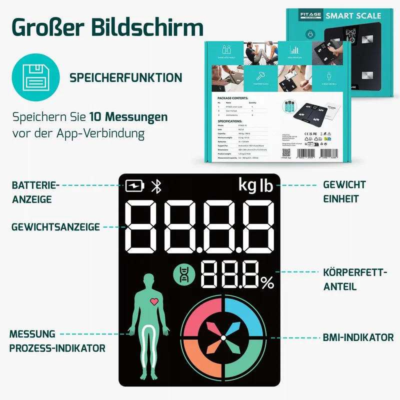FITAGE Digitale Personenweegschaal 180kg Lichaamsanalyse App LCD — foto 6